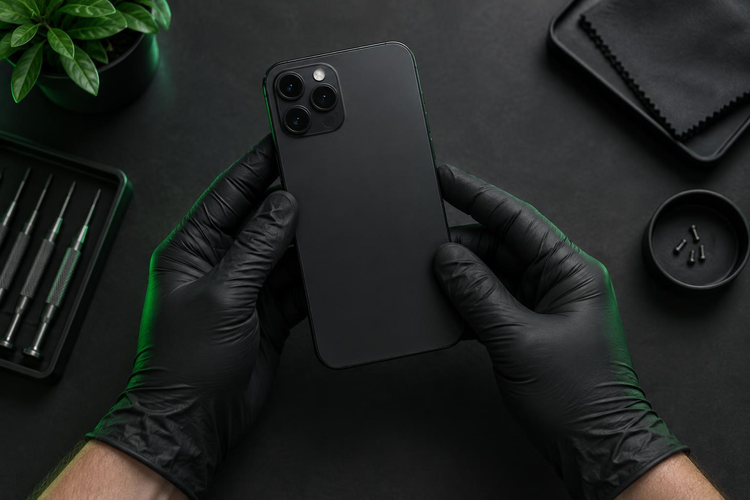 Two gloved hands inspecting a matte black Pixel phone prepared with GrapheneOS by PrivacyGraph