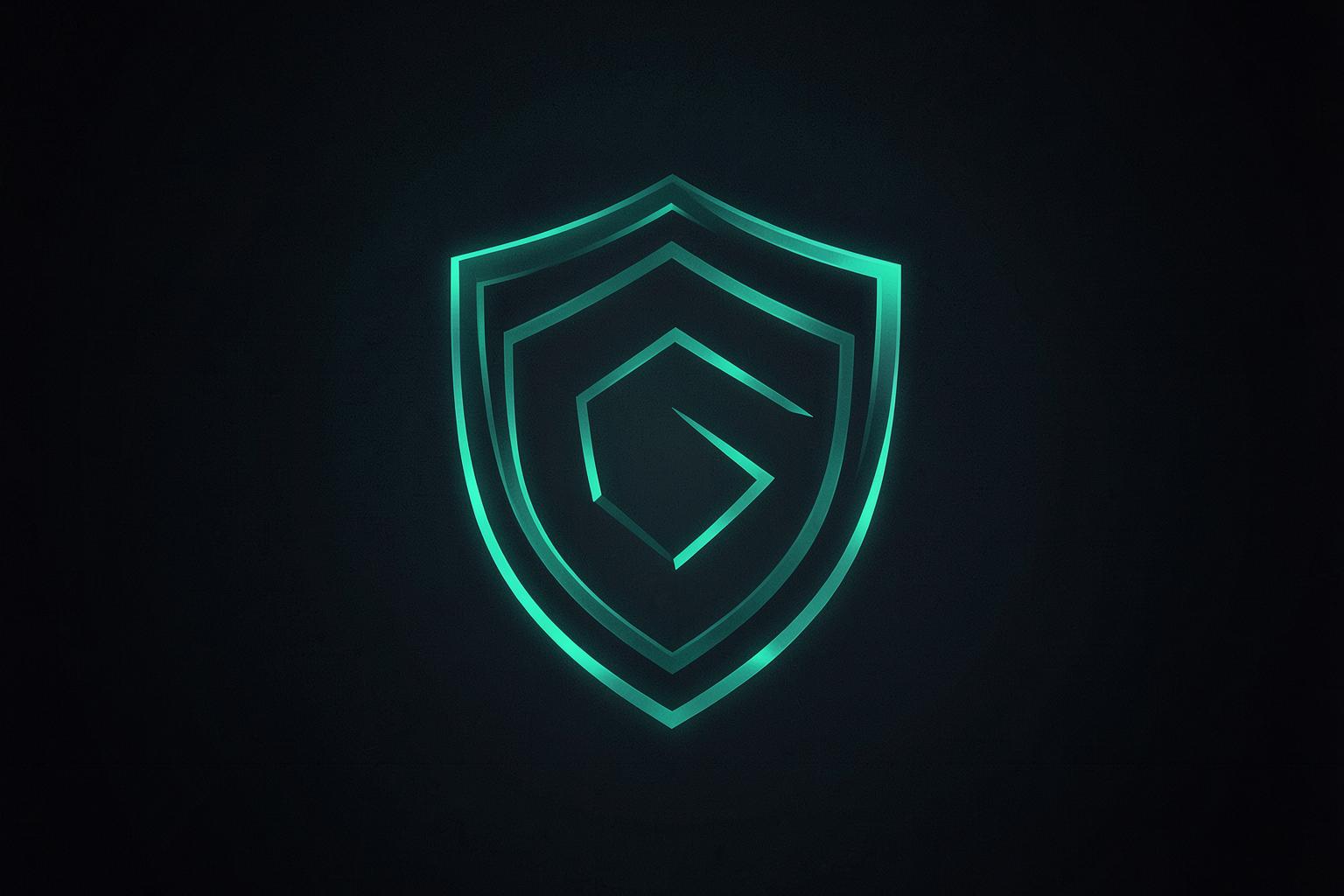 An abstract glowing green shield on a dark background